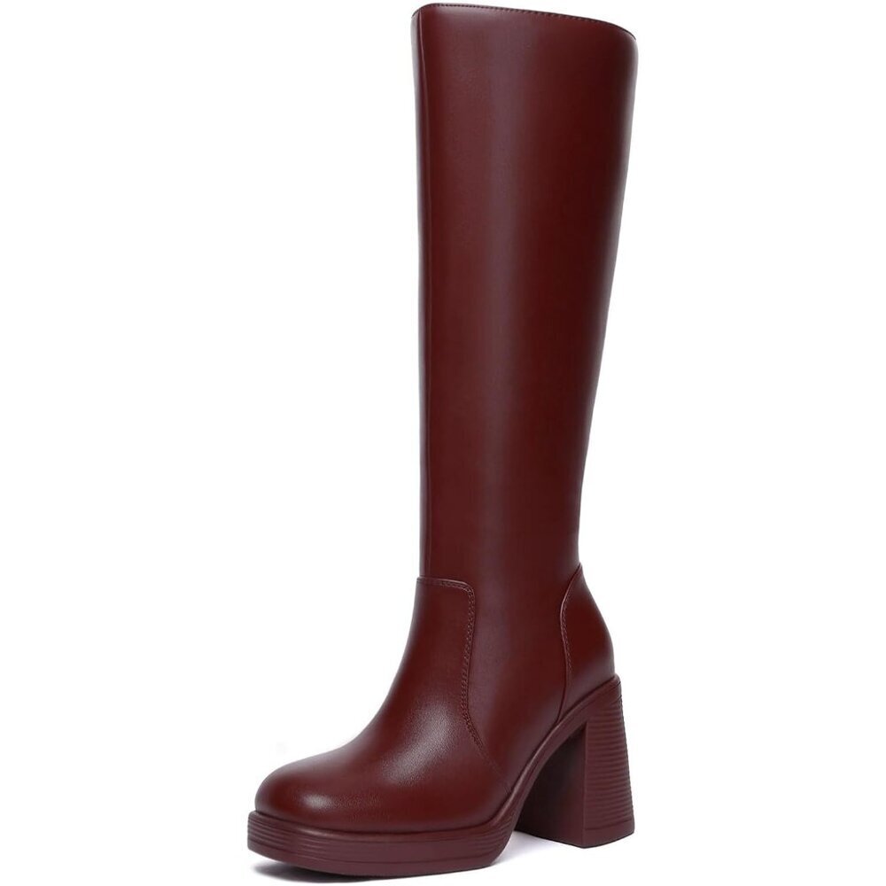 Women's Red Athlefit Knee High Platform Heeled Toe Chunky Side Zipper Boots